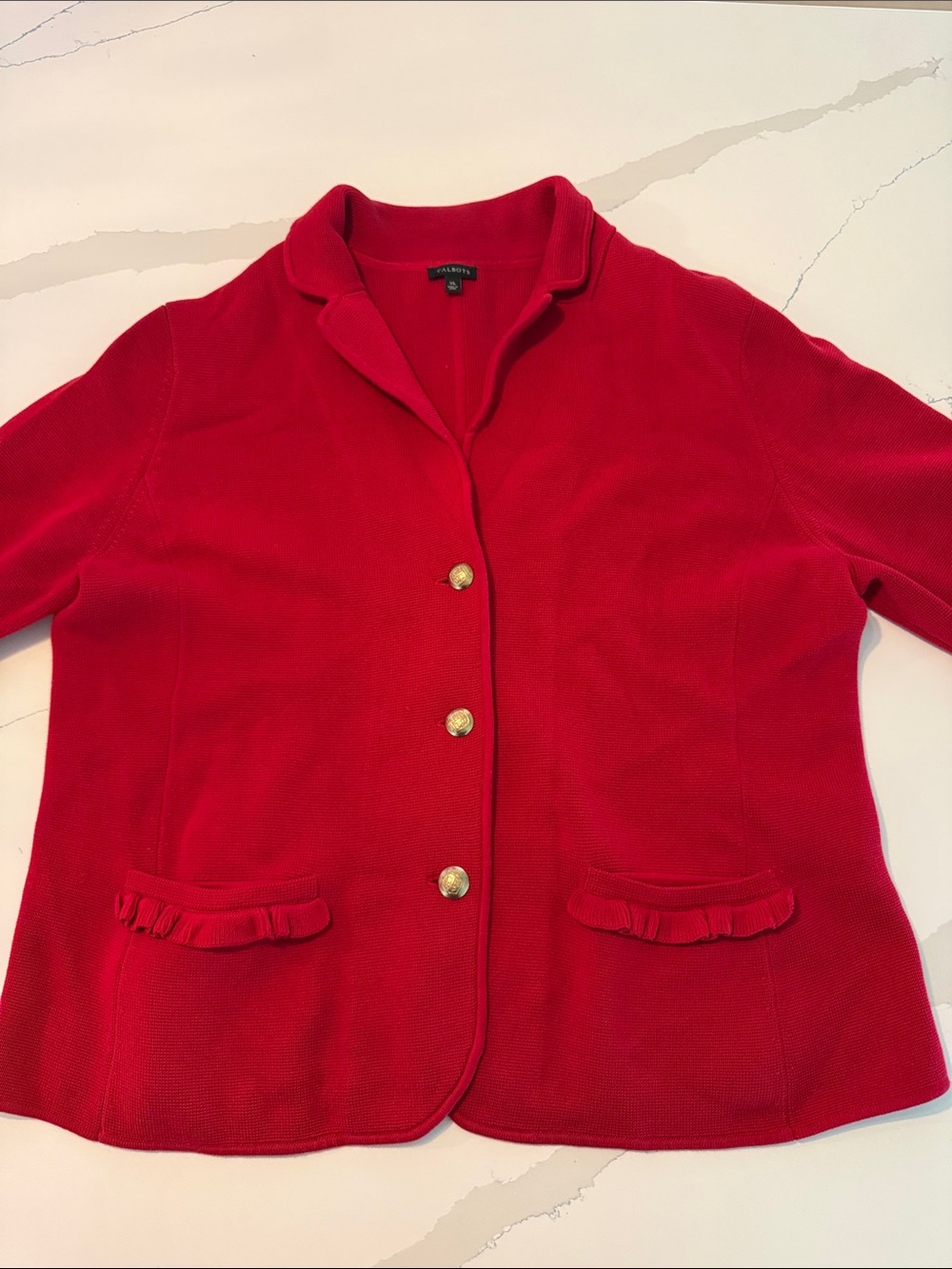Talbots Bright Red Knit Blazer with Gold Buttons